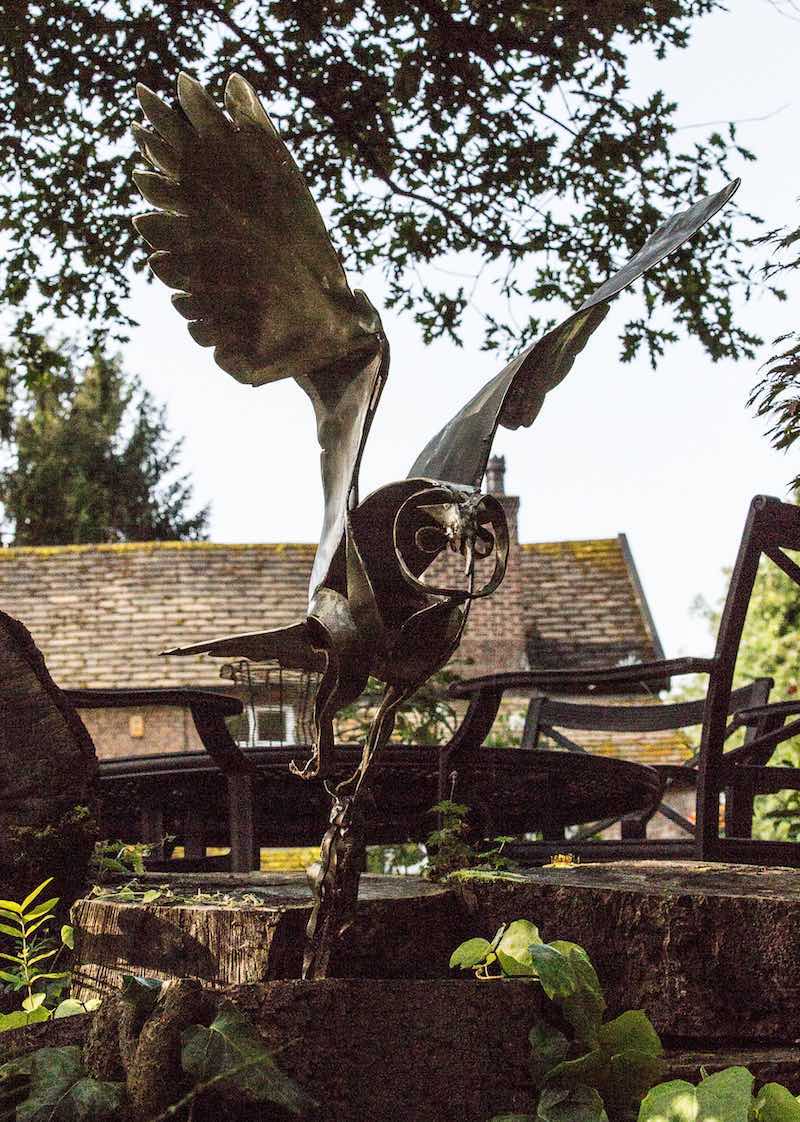 An Artful Gardener Steel sculpture flying Owl Claire Biggar