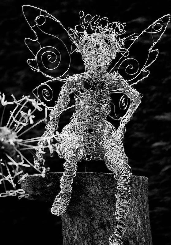 An Artful Gardener Garden Art Wire Figures Fairy with Dandelion facing camera BW