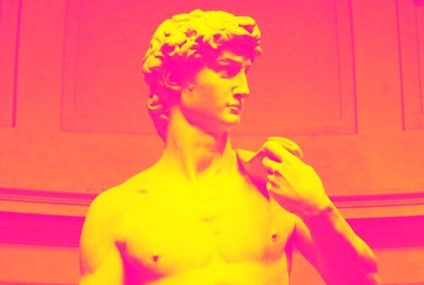 An Artful Gardener - An Artful Blog - Michelangelo's David head and shoulders in pink and yellow landscape